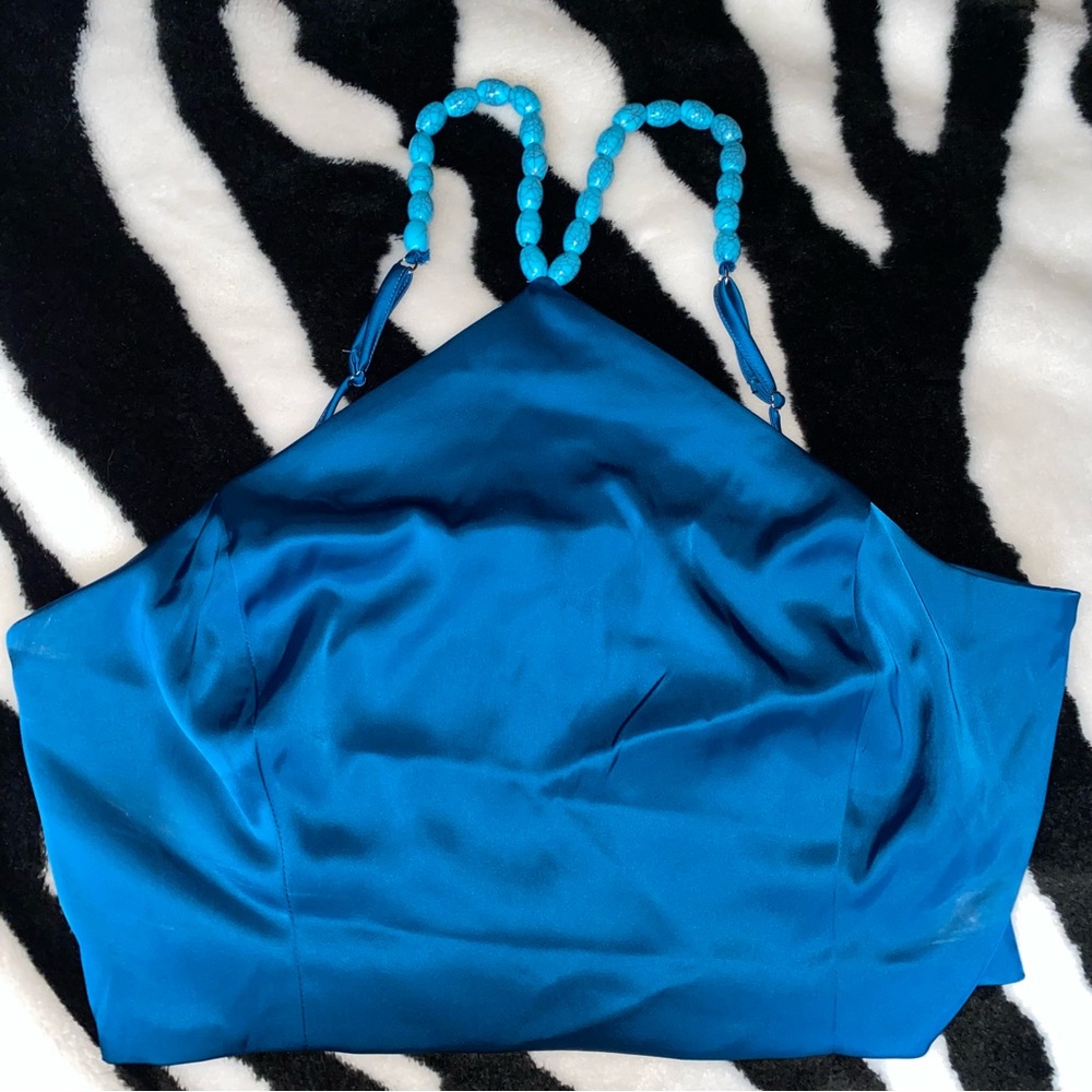 Vintage Y2K 2000s Halter Top Crystal Stone Neckline Blue Howlite Turquenite